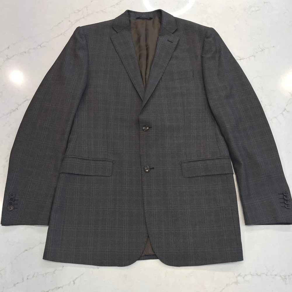 Saks Fifth Avenue BLACK Ermenegildo Zegna Suit Mens 40 Brown Plaid Wool Slim Fit